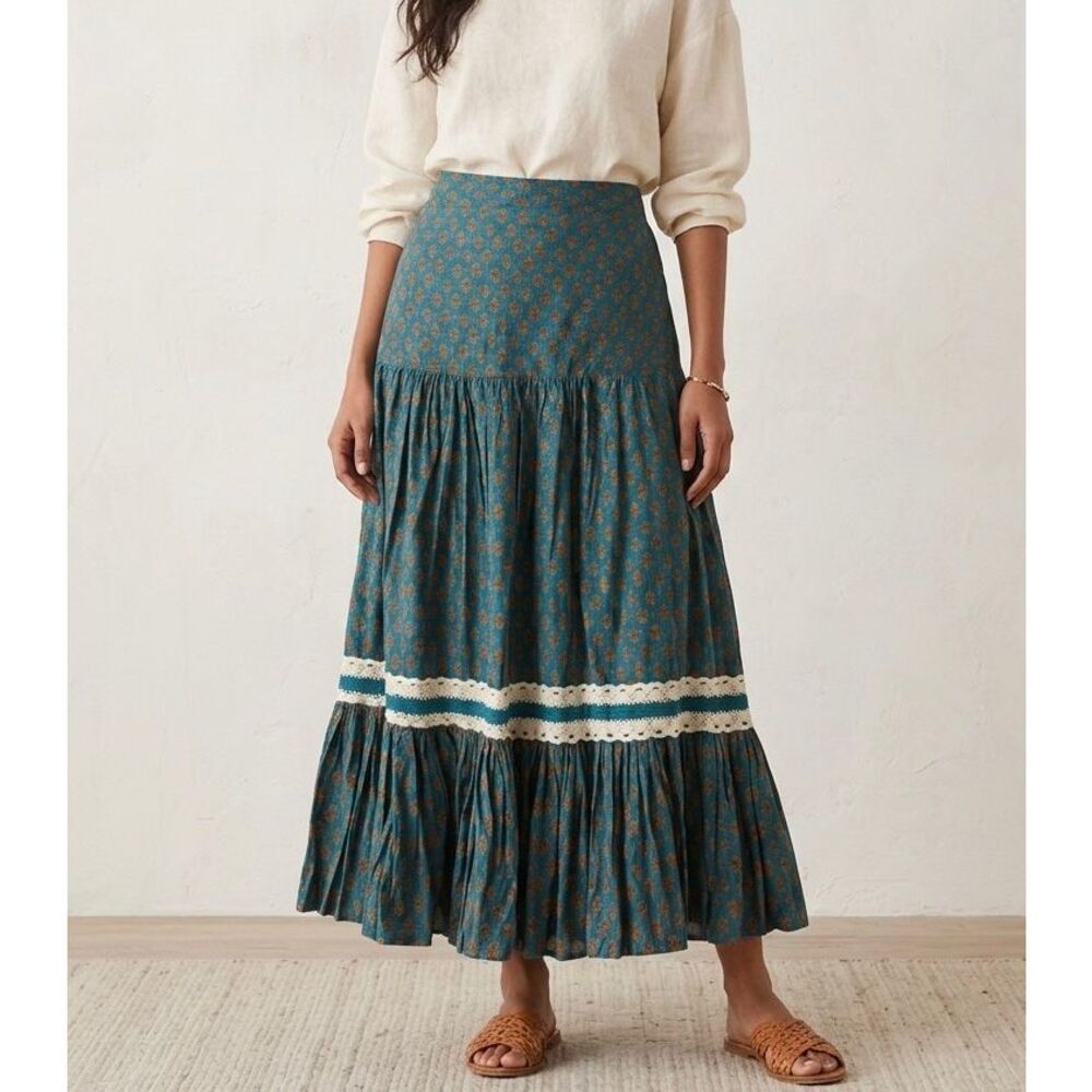 Luna Moon Maxi Skirt Tiered New Ditsy Floral Crochet Cottagecore Boho Teal Large